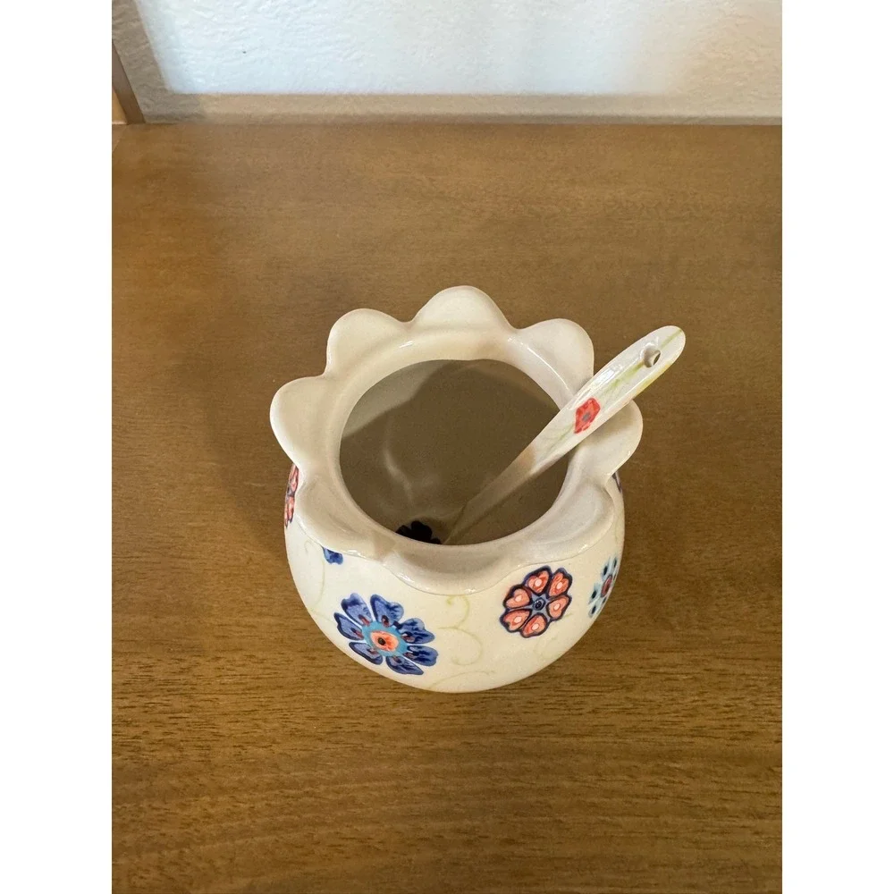 Anthropologie Floral Ceramic Sugar Bowl with Spoon NO LID Floral Design‎